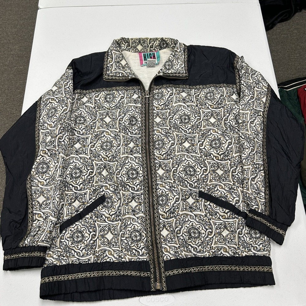 High Intensity Windbreaker Jacket Womens M Black White Baroque Paisley Vintage